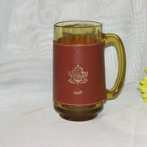 Beer Mug BANFF Vintage Gold Glass Faux Leather Sleeve Souvenir
